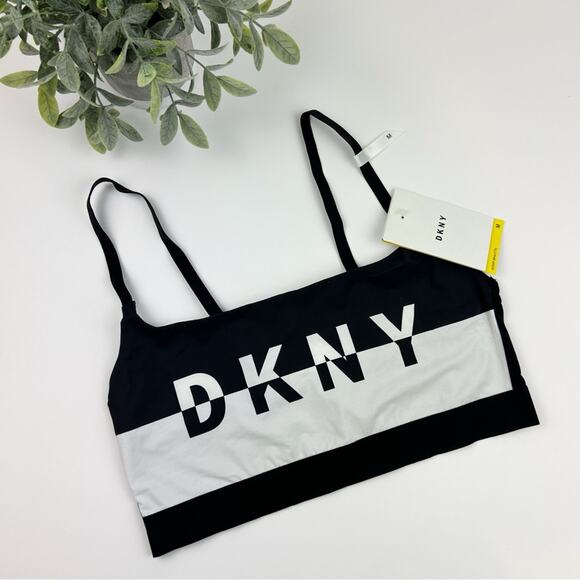 DKNY Cotton Blend Logo Wire-Free Bralette DK4509 Black & White Size Medium - Picture 1 of 3